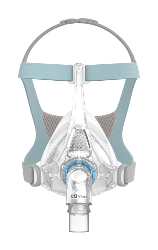 Front view of the Vitera full face mask on white, the blue ring on the elbow below teal VentiCool headgear