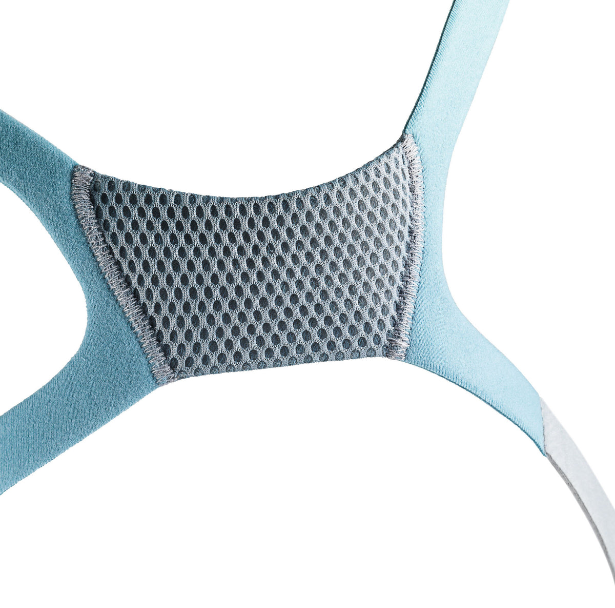 Close-up of the Vitera VentiCool headgear, the breathable grey mesh panel framed by teal straps
