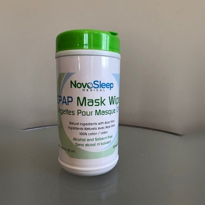 Front view of a NovoSleep CPAP Mask Wipes canister with aloe vera, 62 cotton wipes, alcohol and solvent free