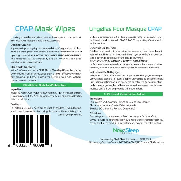 Back label of the NovoSleep wipes canister with directions, cautions and the full ingredient list in English and French