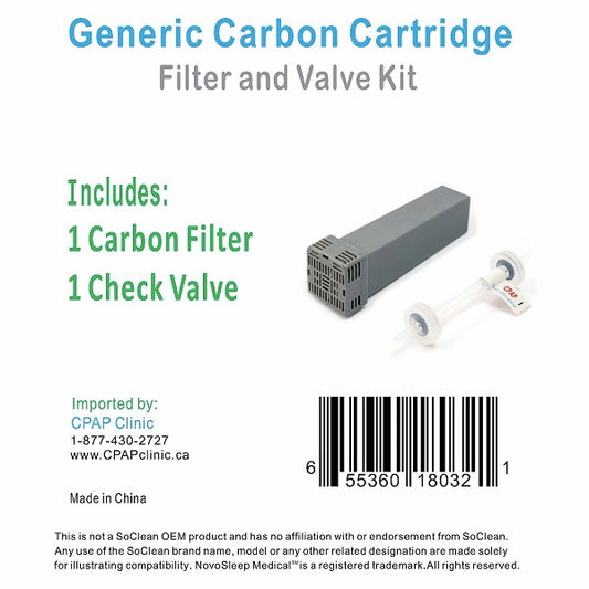 Front of the NovoSleep carbon kit package, showing one carbon cartridge filter and one check valve for the SoClean 2